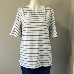 DUFFIELD LANE Gray White Stripe Button Bell Sleeve Top Sz M